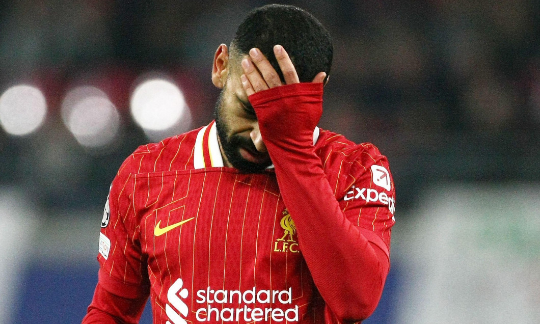 Leipzig, Germany. 23th October 2024. Liverpools Mohamed Salah reacts during their UEFA Champions League soccer match between RB Leipzig and Liverpool FC at the Red Bull Arena Stadion . Credit: Davide Elias / Alamy Live News