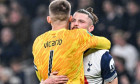 Tottenham Hotspur Stadium, London, UK. 30th Oct, 2024. Carabao Cup Last 16 Football, Tottenham Hotspur versus Manchester City; Guglielmo Vicario of Tottenham Hotspur hugs Radu Dragusin after the final whistle Credit: Action Plus Sports/Alamy Live News