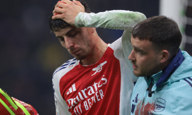 Milan, Italy, 6th November 2024. Kai Havertz of Arsenal FC holds a swab on his bloodied head as he leaves the field of p