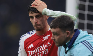 Milan, Italy, 6th November 2024. Kai Havertz of Arsenal FC holds a swab on his bloodied head as he leaves the field of p