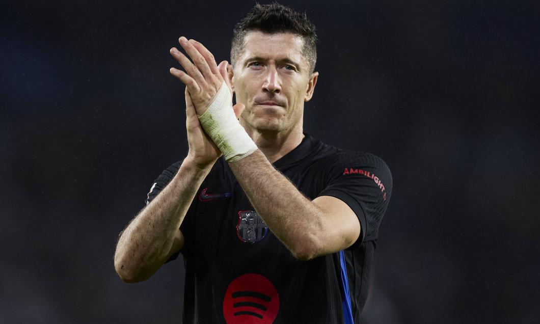 Real Sociedad v FC Barcelona, Barca - LaLiga EA Sports Robert Lewandowski of FC Barcelona reacts during the LaLiga EA Sp