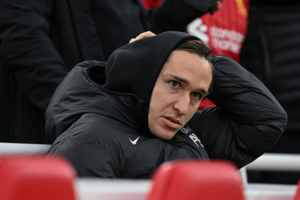 Federico Chiesa of Liverpool sits in the stands ahead of the Premier League match Liverpool vs Brighton and Hove Albion at Anfield, Liverpool, United Kingdom, 2nd November 2024(Photo by Cody Froggatt/News Images)