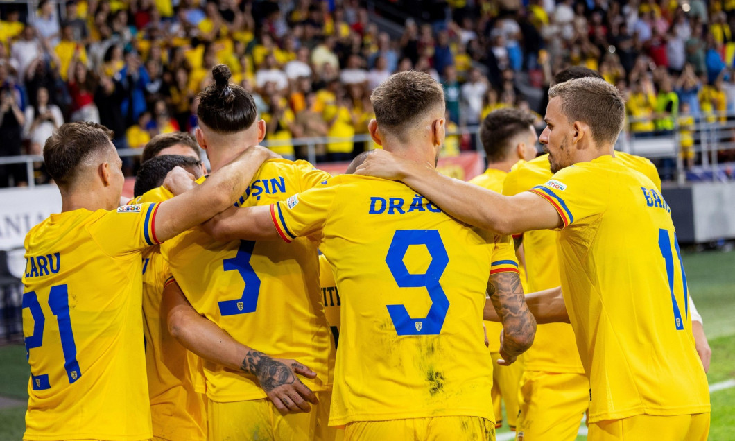 Romania players celebrate after scoring their second goal during the UEFA Nations League, Group stage, League C, Group C2, football match between Romania and Lithuania on 9 September 2024 at Stadionul Steaua in Bucharest, Romania