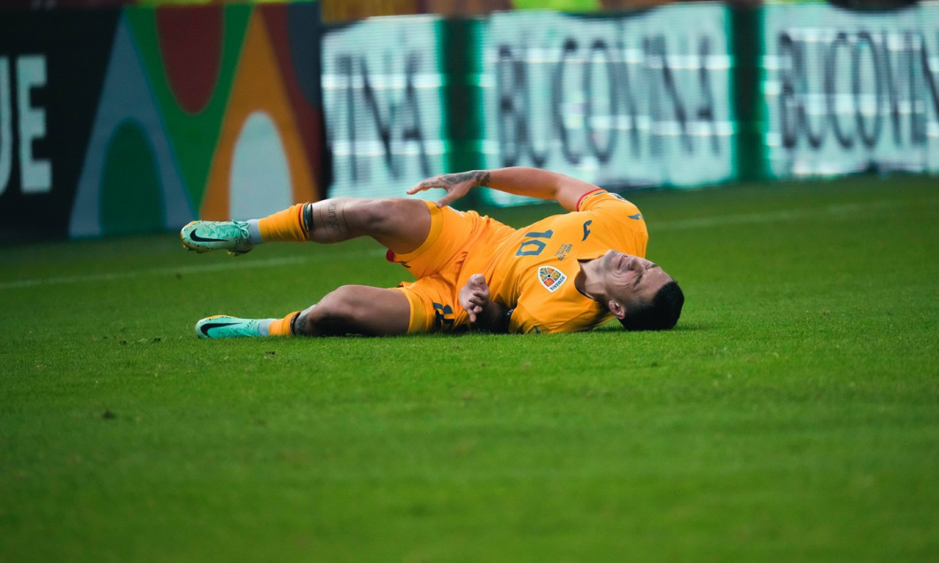 Nations League C, Group C2: Romania vs. Kosovo Nicolae Stanciu picks up a knock during the Nations League C, Group C2 ma