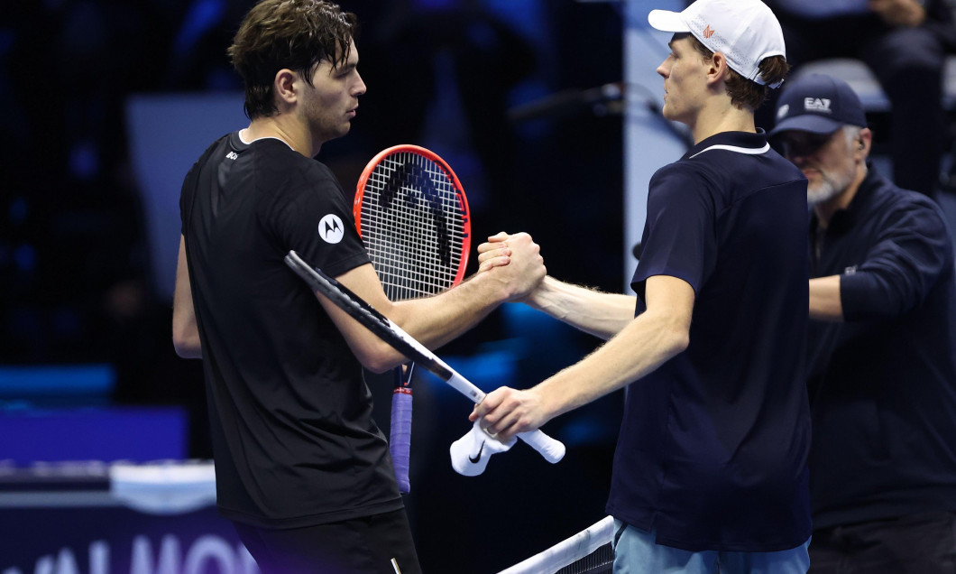 Turin, Italy. 12th Nov, 2024. Jannik Sinner of Italy (R) shakes hand with Taylor Fritz of USA (L) at the end of the Round Robin singles match between Jannik Sinner of Italy and Taylor Fritz of USA on Day three of the Nitto ATP World Tour Finals. Credit: M