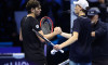 Turin, Italy. 12th Nov, 2024. Jannik Sinner of Italy (R) shakes hand with Taylor Fritz of USA (L) at the end of the Round Robin singles match between Jannik Sinner of Italy and Taylor Fritz of USA on Day three of the Nitto ATP World Tour Finals. Credit: M