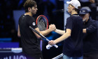 Turin, Italy. 12th Nov, 2024. Jannik Sinner of Italy (R) shakes hand with Taylor Fritz of USA (L) at the end of the Round Robin singles match between Jannik Sinner of Italy and Taylor Fritz of USA on Day three of the Nitto ATP World Tour Finals. Credit: M