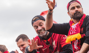 Jurgen Klopp celebrating during the 2022 winners parade through Liverpool in May 2022 having seen his team win the Carabao Cup and the FA Cup.