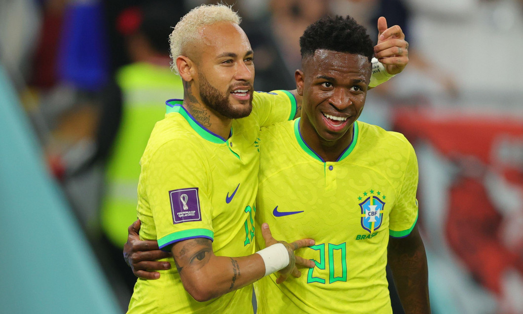 Qatar, 05/12/2022, Doha, Qatar. 05th Dec, 2022. Vinicius Junior of Brazil scores a goal and celebrates with Neymar of Brazil during the FIFA World Cup Qatar 2022 match between Brazil and South Korea at Stadium 974, Doha, Qatar on 5 December 2022. Photo by