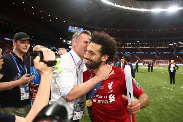 Mohamed Salah of Liverpool celebrates with former Liverpool player and TV Presenter, Jamie Carragher - Tottenham Hotspur v Liverpool, UEFA Champions League Final 2019, Wanda Metropolitano Stadium, Madrid - 1st June 2019