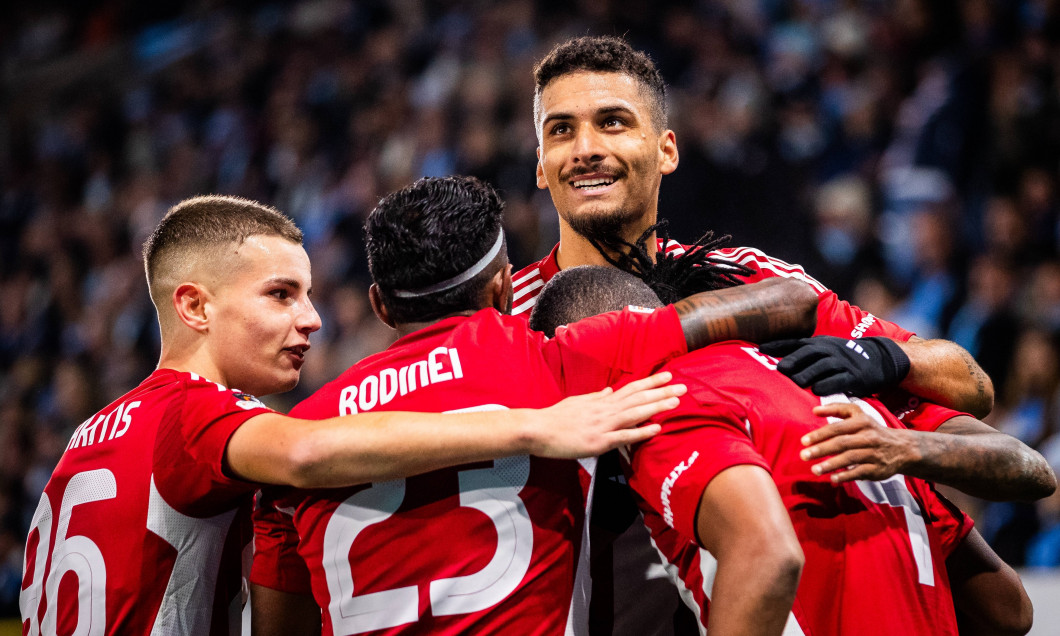 MALMÖ FF - OLYMPIACOS FC Ayoub El Kaabi, Gelson Martins, Rodinei, David Carmo Christos Mouzakitis after the goal of Olym