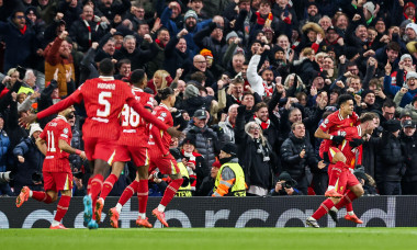 Alexis Mac Allister of Liverpool celebrates his goal with teammates to make it 1-0 during the UEFA Champions League, League Phase MD5 Liverpool v Real Madrid at Anfield, Liverpool, United Kingdom, 27th November 2024(Photo by Mark Cosgrove/News Images)