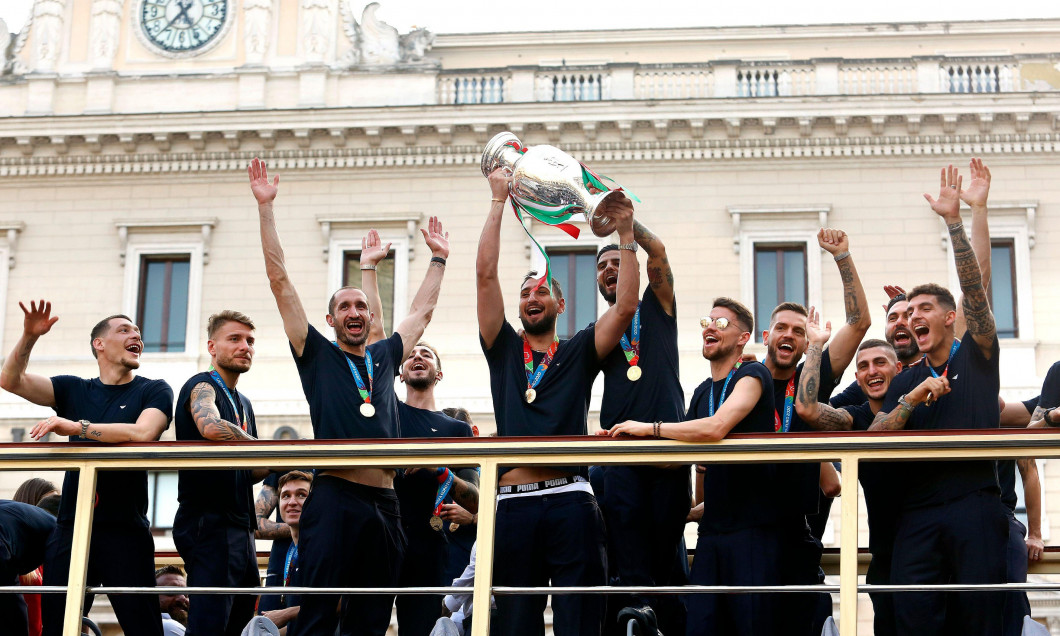 Rome, Italy. 12th July, 2021. The Italian national team ( Andrea Belotti, Ciro Immobile, Giorgio Chiellini, Gianluigi Donnarumma, Lorenzo Insigne, Jorge Luiz Frello Filho Jorginho, Rafael Toloi, Marco Verratti, Salvatore Sirigu, Giovanni Di Lorenzo of Ita