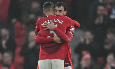 Noussair Mazraoui of Manchester United and Bruno Fernandes of Manchester United embrace after the Premier League match Manchester United vs Leicester City at Old Trafford, Manchester, United Kingdom, 10th November 2024(Photo by Craig Thomas/News Images)