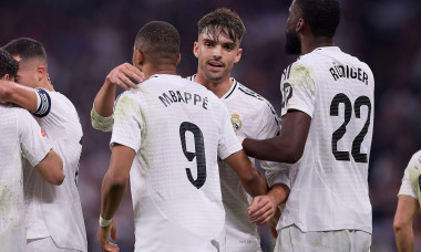 Madrid, Spain. 01st Dec, 2024. (From L to R) Kylian Mbappe of Real Madrid CF, Raul Asencio of Real Madrid CF and Antonio Rudiger of Real Madrid CF celebrate a goal during the 2024/2025 La Liga EA Sports week 15 football match between Real Madrid CF and Ge