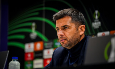 BRUSSELS, BELGIUM - OCTOBER 27: Coach Nicolae Dica of FCSB attends a press conference after the Group B - UEFA Europa Conference League match between RSC Anderlecht and FCSB at the Lotto Park on October 27, 2022 in Brussels, Belgium (Photo by Rene Nijhuis