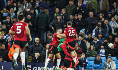 Amad Diallo of Manchester United celebrates his goal to make it 1-2 during the Premier League match Manchester City vs Manchester United at Etihad Stadium, Manchester, United Kingdom, 15th December 2024(Photo by Mark Cosgrove/News Images)