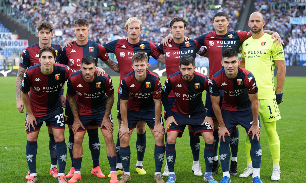 Line-up of Genoa: Nicola Leali, Morten Thorsby, Aaron Martin, Alessandro Vogliacco, Andrea Pinamonti, Stefano Sabelli, Johan Vasquez, Fabio Miretti, Morten Frendrup, Alan Matturro and Alessandro Zanoli of Genoa CFC during the Serie A football match bet