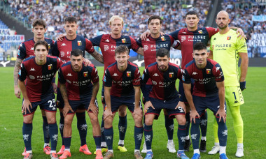 Line-up of Genoa: Nicola Leali, Morten Thorsby, Aaron Martin, Alessandro Vogliacco, Andrea Pinamonti, Stefano Sabelli, Johan Vasquez, Fabio Miretti, Morten Frendrup, Alan Matturro and Alessandro Zanoli of Genoa CFC during the Serie A football match bet