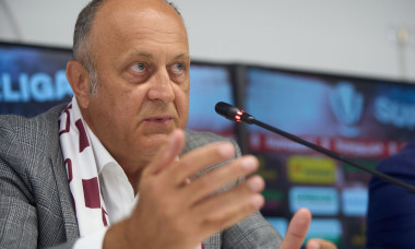 Bucharest, Romania. 21st Aug, 2024: Dan Sucu, the financier of FC Rapid, speaks during the presentation of Marius Sumudica (not in Picture), the new coach of the Fotbal Club Rapid Bucharest, in a press conference, at Superbet Arena-Giulesti, in Bucharest.