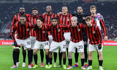 Milan, Italien. 15th Dec, 2024. (L-R back row) Youssouf Fofana, Emerson Royal, Tammy Abraham, Malick Thiaw, Mike Maignan, Matteo Gabbia, (L-R front row) Rafael Leao, Tijjani Reijnders, Samuel Chukwueze, Alejandro Jimenez and Mattia Liberali of AC Milan li