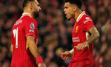 Anfield, Liverpool on Saturday 14th December 2024. Liverpool's Mohamed Salah and Luis Diaz during the Premier League match between Liverpool and Fulham at Anfield, Liverpool on Saturday 14th December 2024. (Photo: Steven Halliwell | MI News) Credit: MI Ne