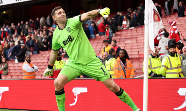 London, England, 14th April 2024. Emiliano Martinez of Aston Villa celebrates during the Premier League match at the Emi