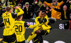 Dortmund, Germany. 30th Nov, 2024. DORTMUND, GERMANY - NOVEMBER 30: Jamie Gittens of Borussia Dortmund celebrates with Felix Nmecha of Borussia Dortmund after scoring his team's first goal during the Bundesliga match between Borussia Dortmund and FC Bayer