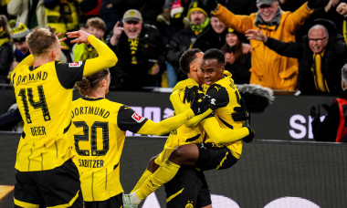 Dortmund, Germany. 30th Nov, 2024. DORTMUND, GERMANY - NOVEMBER 30: Jamie Gittens of Borussia Dortmund celebrates with Felix Nmecha of Borussia Dortmund after scoring his team's first goal during the Bundesliga match between Borussia Dortmund and FC Bayer