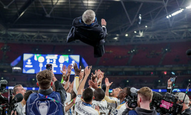 London, UK. 01st June, 2024. Carlo Ancelotti, head coach of Real Madrid seen being thrown up during The Medal Ceremony of the UEFA Champions League final match between Borussia Dortmund and Real Madrid at Wembley Stadium. Final score; Borussia Dortmund 0