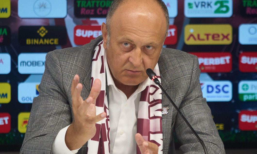 Bucharest, Romania. 21st Aug, 2024: Dan Sucu, the financier of FC Rapid, speaks during the presentation of Marius Sumudica (not in Picture), the new coach of the Fotbal Club Rapid Bucharest, in a press conference, at Superbet Arena-Giulesti, in Bucharest.