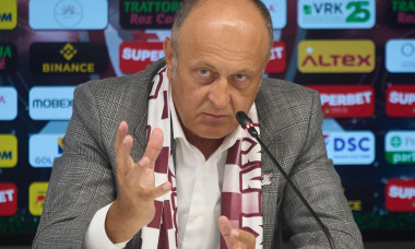 Bucharest, Romania. 21st Aug, 2024: Dan Sucu, the financier of FC Rapid, speaks during the presentation of Marius Sumudica (not in Picture), the new coach of the Fotbal Club Rapid Bucharest, in a press conference, at Superbet Arena-Giulesti, in Bucharest.