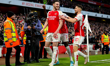 Arsenal v Brentford Premier League 09/03/2024. Goal 1-0 Declan Rice (41) of Arsenal scores a goal and celebrates during