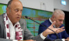 Bucharest, Romania. 21st Aug, 2024: Dan Sucu (L), the financier of FC Rapid, speaks during the presentation of Marius Sumudica (R), the new coach of the Fotbal Club Rapid Bucharest, in a press conference, at Superbet Arena-Giulesti, in Bucharest. Credit: