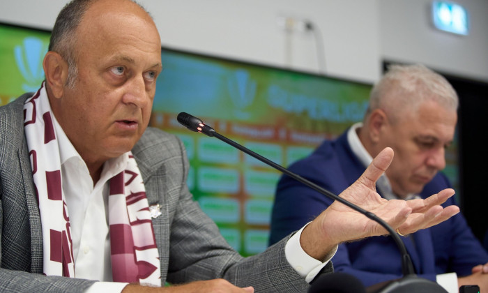 Bucharest, Romania. 21st Aug, 2024: Dan Sucu (L), the financier of FC Rapid, speaks during the presentation of Marius Sumudica (R), the new coach of the Fotbal Club Rapid Bucharest, in a press conference, at Superbet Arena-Giulesti, in Bucharest. Credit: