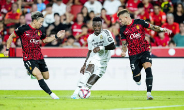 Mallorca, Spain, August 18, 2024, Vinicius Junior of Real Madrid and Takuma Asano of RCD Mallorca during the Spanish championship La Liga football match between RCD Mallorca and Real Madrid on August 18, 2024 at Son Moix stadium in Mallorca, Spain