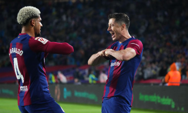 Barcelona, Spain. 29th Apr, 2024. Robert Lewandowski of FC Barcelona celebrates his goal with Ronald Araujo of FC Barcelona during the La Liga EA Sports match between FC Barcelona and Valencia CF and played at Lluis Companys Stadium on April 29, 2024 in B