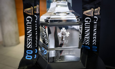 A view of the IRFU crest on the Guinness Six Nations trophy 1/2/2025