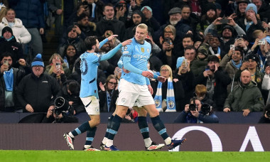 Manchester City's Erling Haaland celebrates scoring their side's first goal of the game during the UEFA Champions League Knockout Phase Play Offs, first leg match at the Etihad Stadium, Manchester. Picture date: Tuesday February 11, 2025.