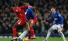 Liverpool, England, 12th February 2025. Beto of Everton with Ibrahima Konate of Liverpool and Ryan Gravenberch of Liverpool during the Premier League match at Goodison Park, Liverpool. Picture credit should read: Darren Staples / Sportimage