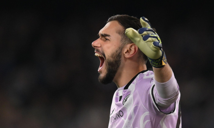 Naples, Italy. 9th Feb, 2025. Răzvan Sava of Udinese Calcio gestures during the Serie A match between SSC Napoli and Udinese Calcio at Diego Armando Maradona Stadium in Naples, Italy on February 9, 2025. Credit: Nicola Ianuale/Alamy Live News