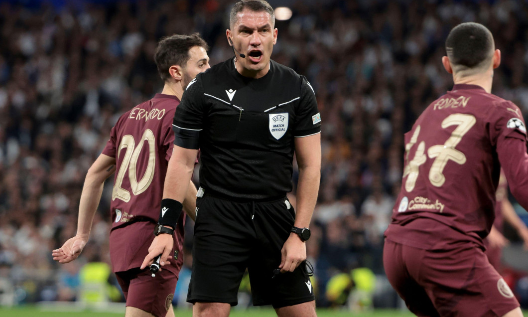 Referee Istvan Kovacs of Romania during the UEFA Champions League, knockout phase play-offs, 2nd leg football match between Real Madrid CF and Manchester City on February 19, 2025 at Estadio Santiago Bernabeu stadium in Madrid, Spain - Photo Jean Catuffe