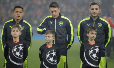 06.12.2016. Basel, Switzerland. Alexis Sanchez,Mesut Ozil and Lucas Perez (Arsenal) in action at the Champions League Group A FC Basle versus Arsenal at St. Jakob Park in Basel, Switzerland