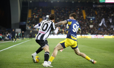 Udineseâ??s Florian Thauvin in action against Parmaâ??s Dennis Man during the Italian Serie A Enilive soccer championship football match between Udinese Calcio and Parma Calcio at Bluenergy Stadium on March 1st, 2025, Udine, Italy during Udinese Calcio