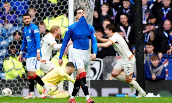 Rangers' Ianis Hagi (right) reacts as Motherwell's Tom Sparrow (rear) celebrates scoring his sides second goal during the William Hill Premiership match at Ibrox Stadium, Glasgow. Picture date: Saturday March 1, 2025.