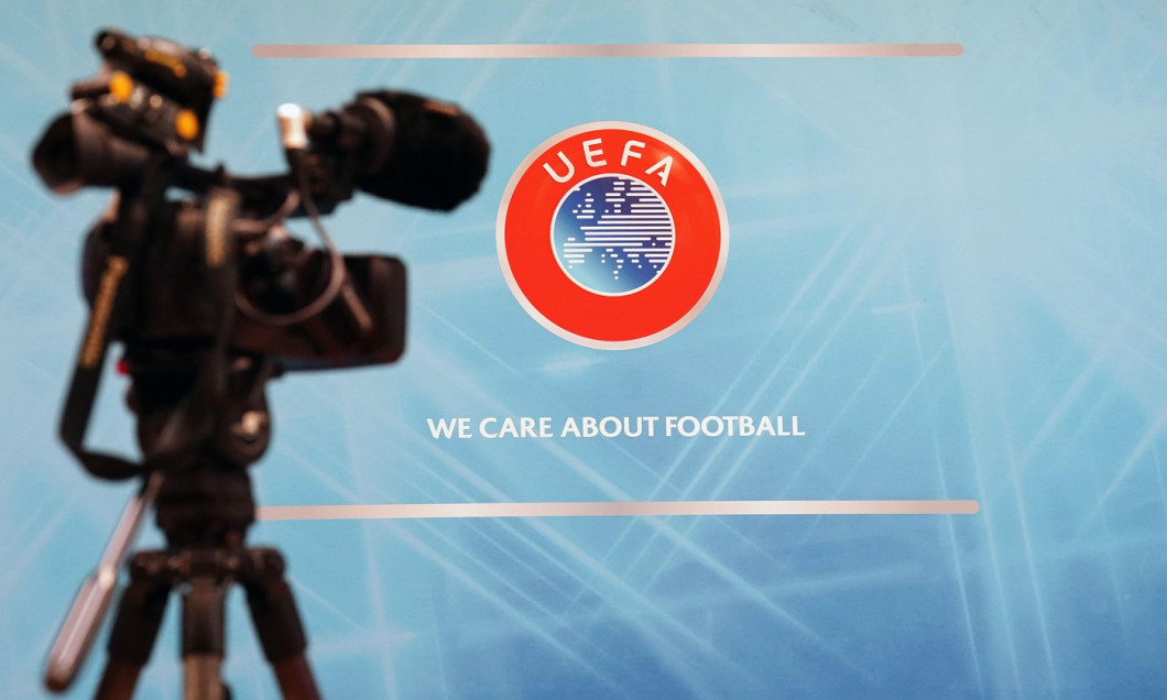 A television camera set up in front of a UEFA logo ahead of the Euro 2028 and Euro 2032 hosts announcement ceremony at the UEFA Headquarters in Nyon, Switzerland. Picture date: Tuesday October 10, 2023.