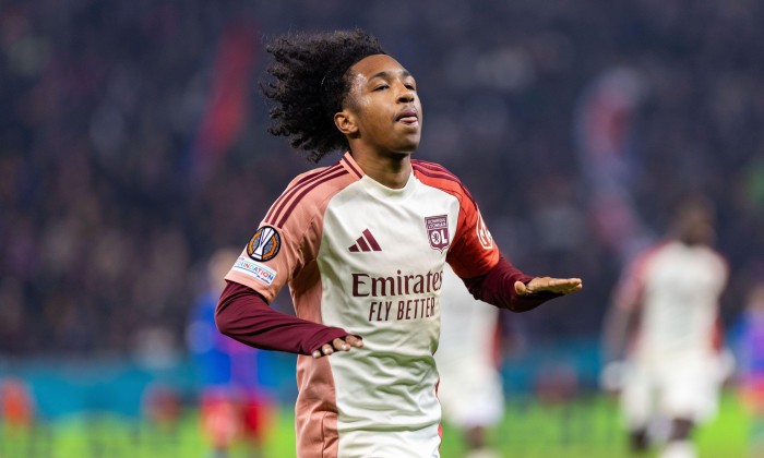 Malick Fofana of Lyon celebrates scoring his team's second goal to make the score 3-1 during the UEFA Europa League, Round of 16, 1st leg football match between FCSB and Olympique Lyonnais (Lyon) on 6 March 2025 at National Arena in Bucharest, Romania - P