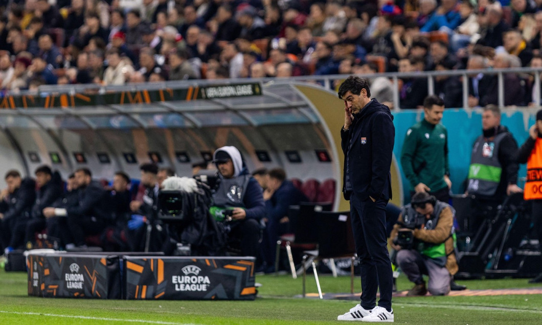 Lyon Manager, Paulo Fonseca, after his team scored their first goal during the UEFA Europa League, Round of 16, 1st leg football match between FCSB and Olympique Lyonnais (Lyon) on 6 March 2025 at National Arena in Bucharest, Romania
