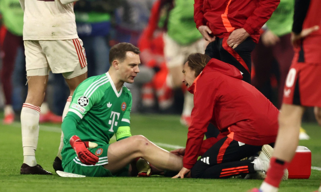 MUNICH, GERMANY - MARCH 05: Manuel Neuer of Bayern Muenchen is injured in the match and has to be substituted during the UEFA Champions League 2024/25 UEFA Champions League 2024/25 Round of 16 first leg match between FC Bayern München and Bayer 04 Leverk