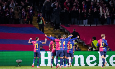 Estadi Olímpic Lluís Companys BARCELONA, SPAIN - MARCH 11: Barcelona players celebrate their teammate Lamine Yamal’s goal during the UEFA Champions League 2024/25 Round of 16 Second Leg match between FC Barcelona and SL Benfica at Estadi Olímpic Lluís Com